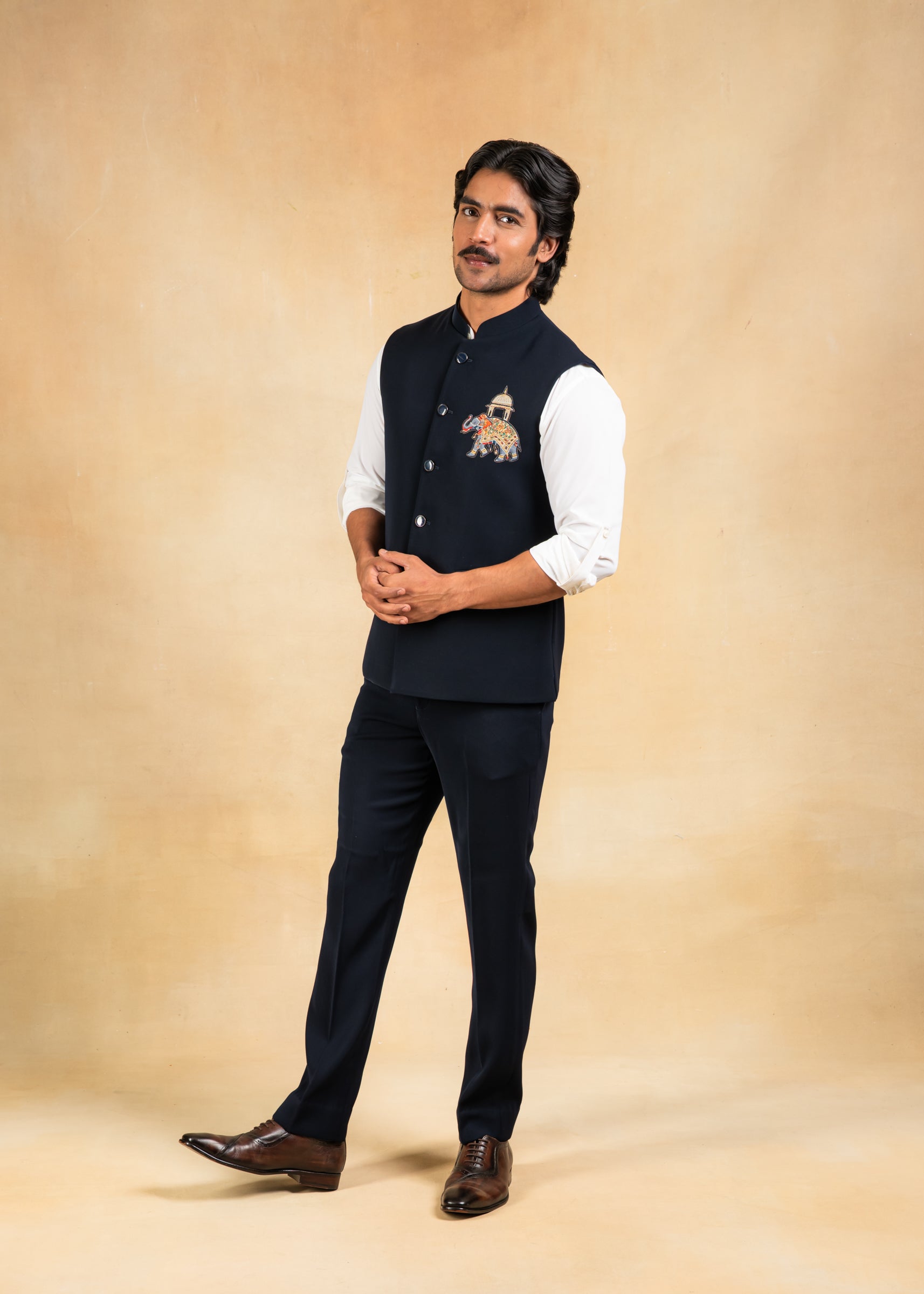 navy blue nehru jacket with motif