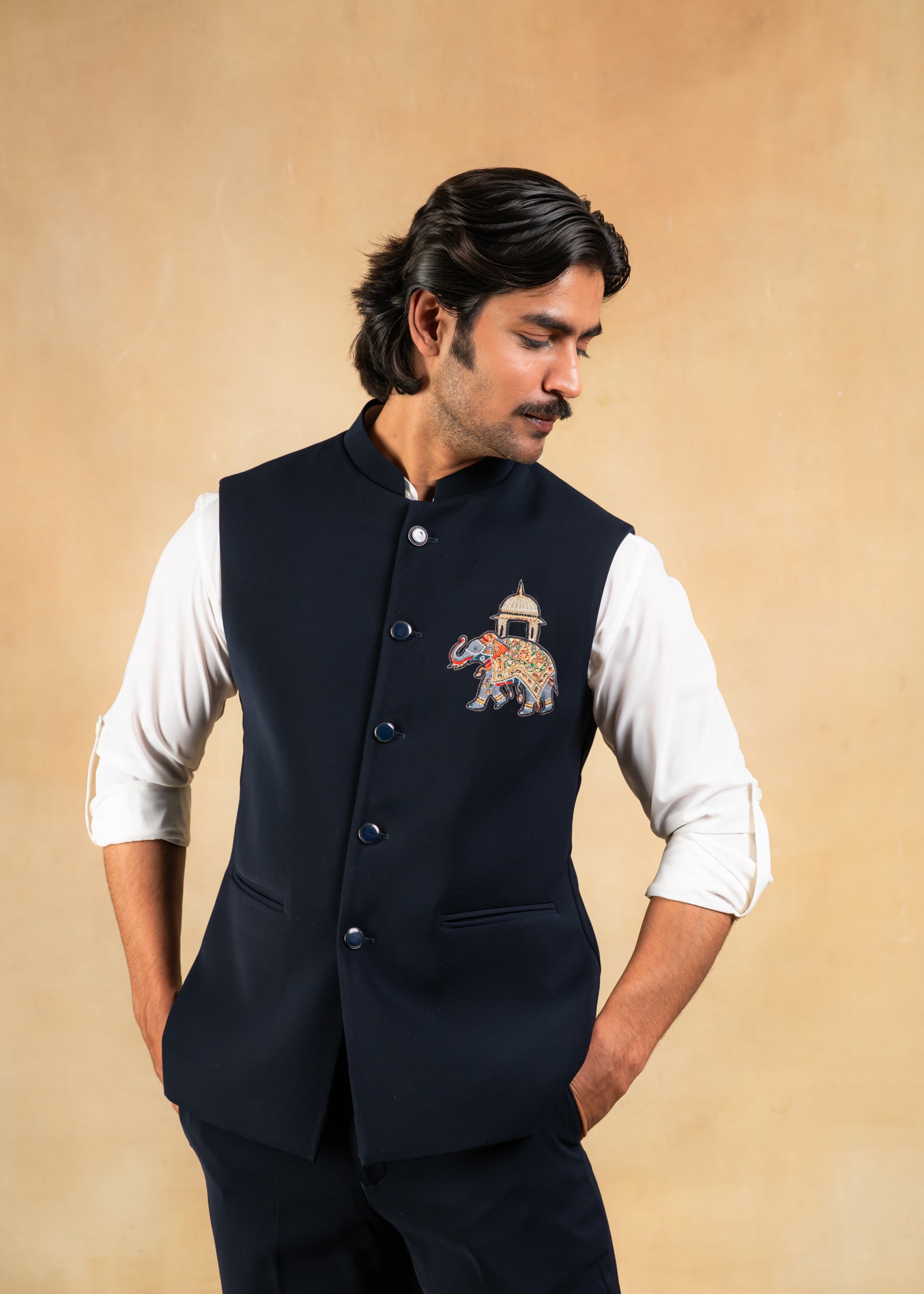 navy blue nehru jacket with motif