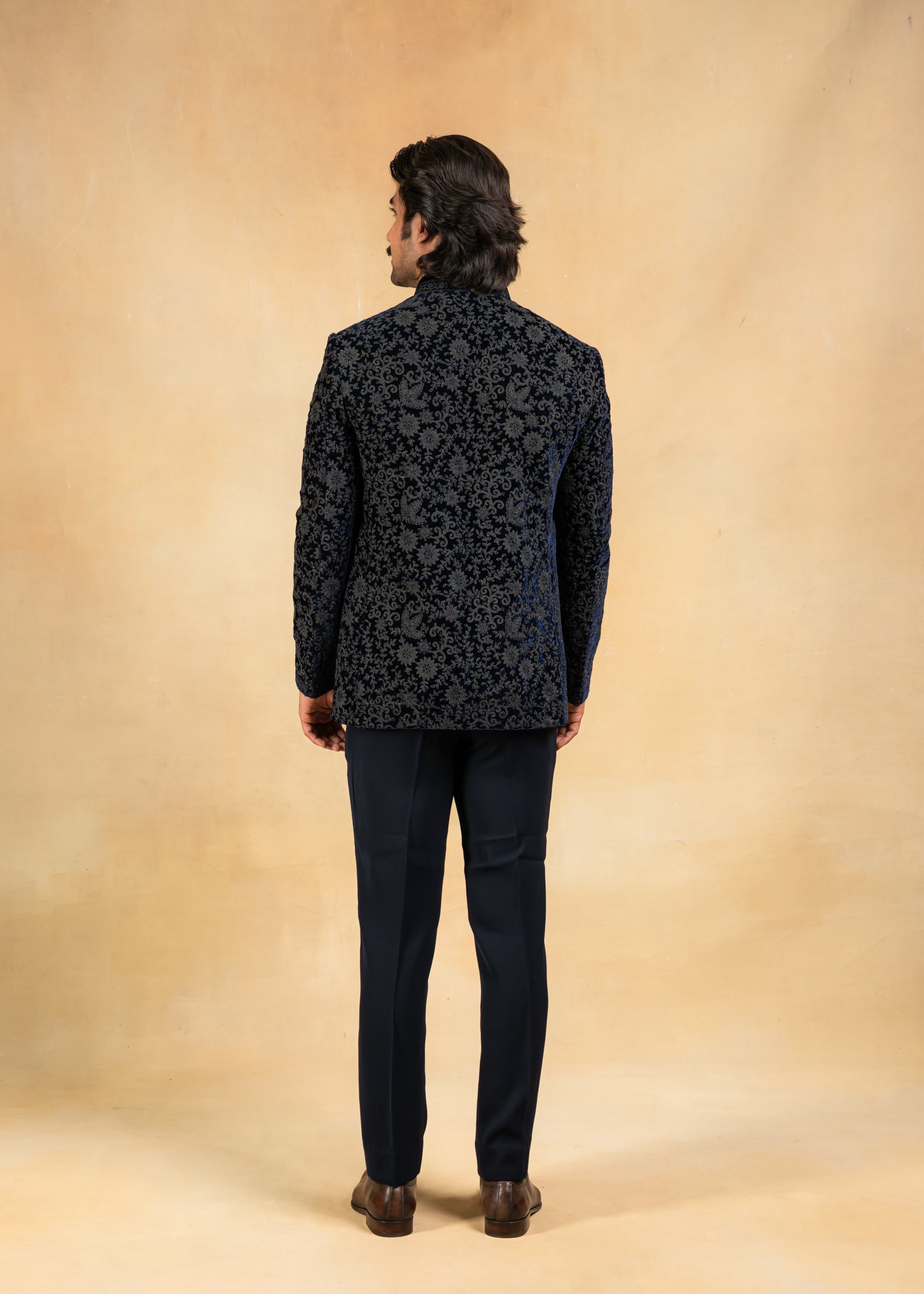 navy blue open bandhgala with embroidery