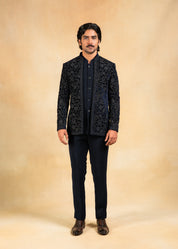 navy blue open bandhgala with embroidery