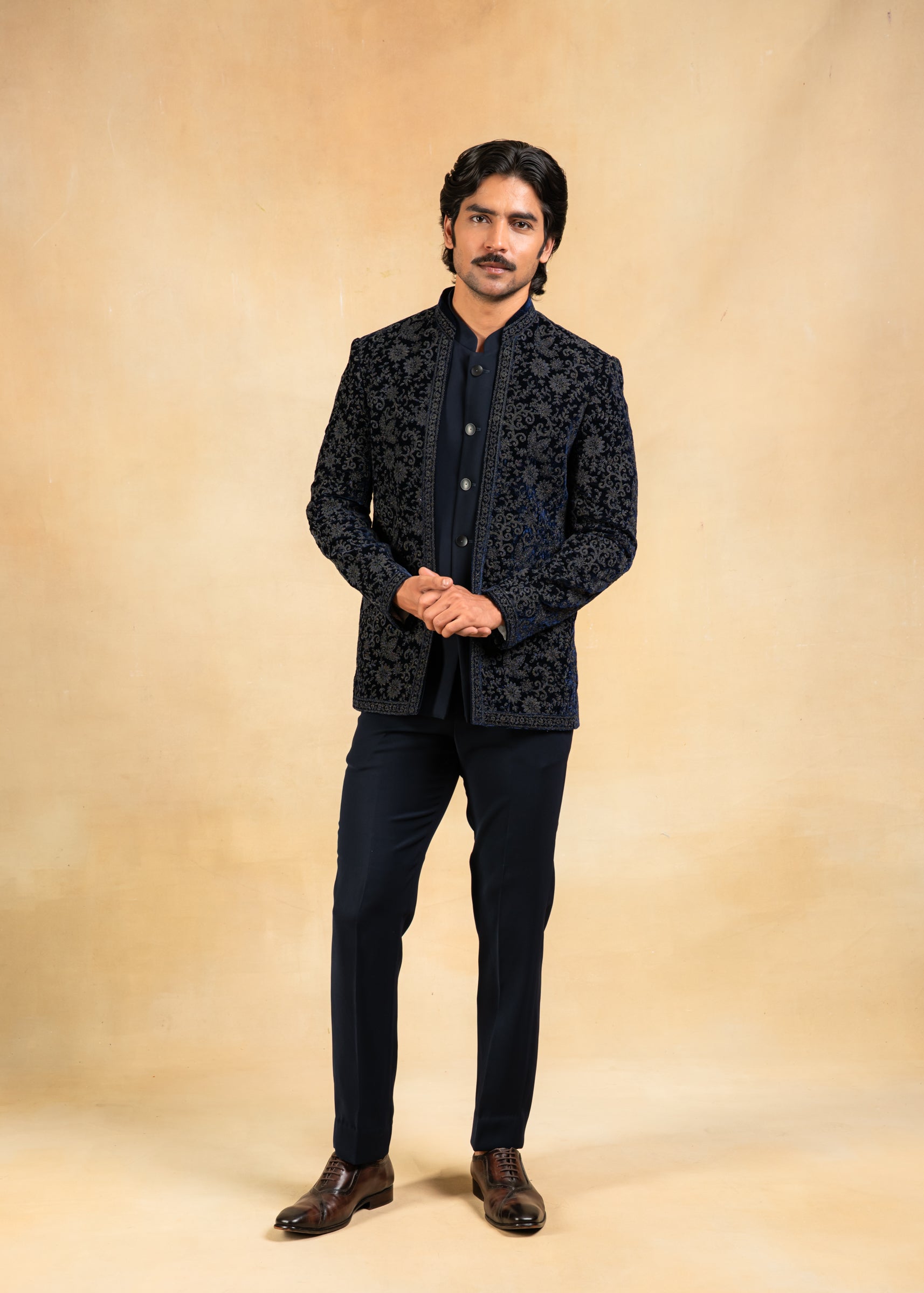 navy blue open bandhgala with embroidery
