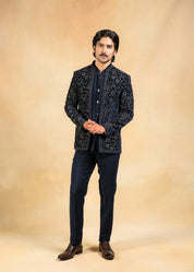 navy blue open bandhgala with embroidery