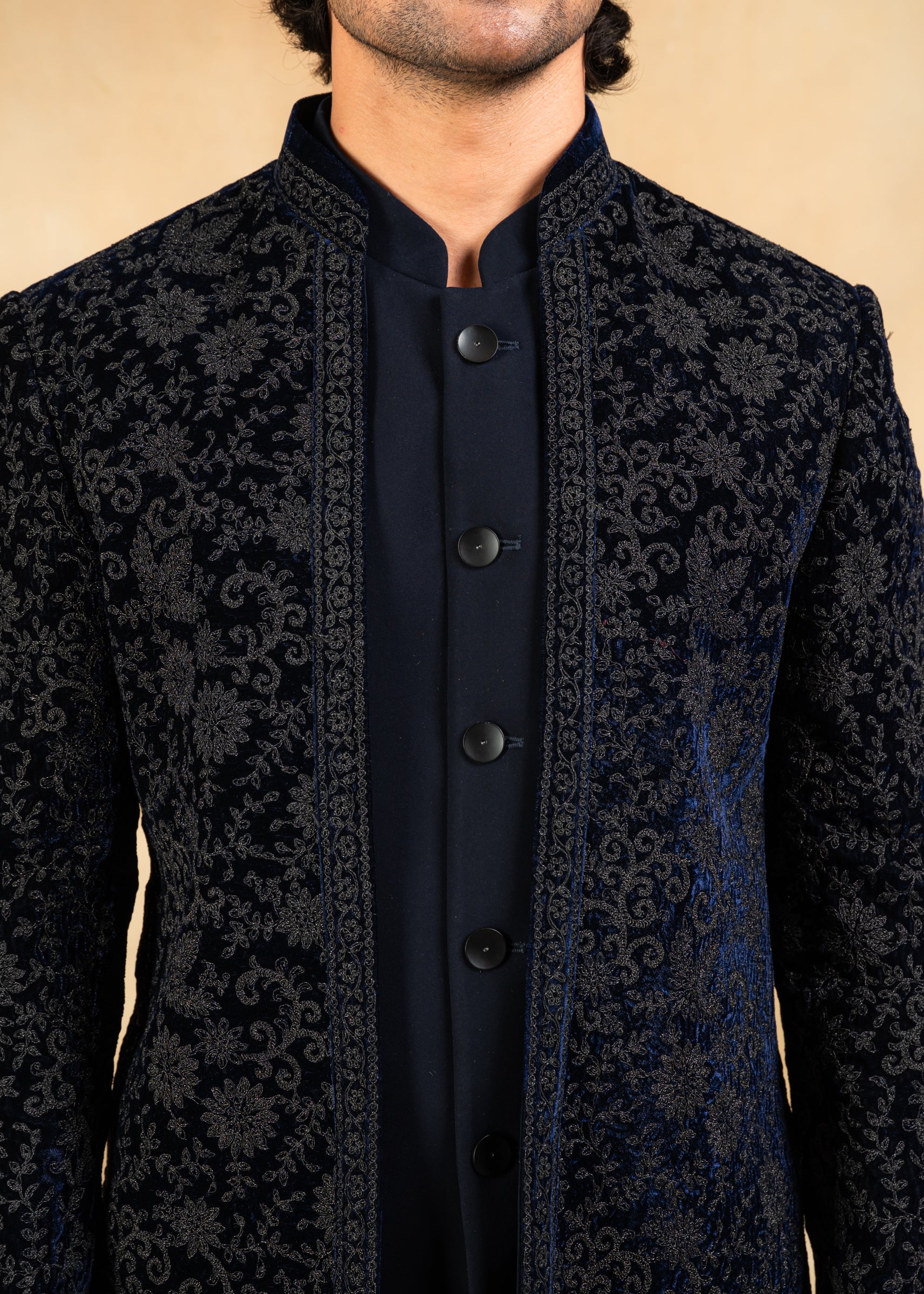 navy blue open bandhgala with embroidery