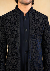 navy blue open bandhgala with embroidery