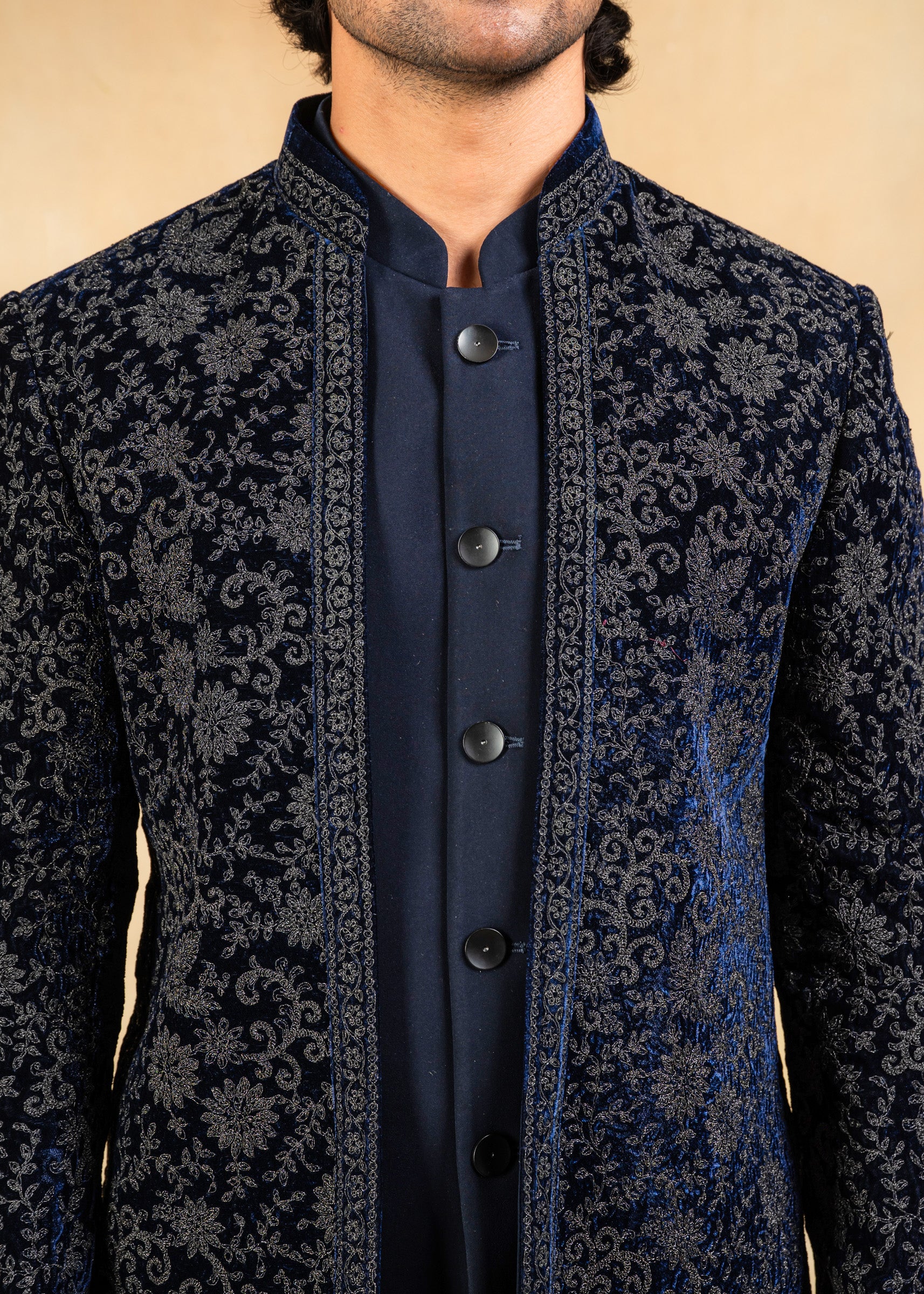 navy blue open bandhgala with embroidery