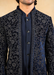 navy blue open bandhgala with embroidery