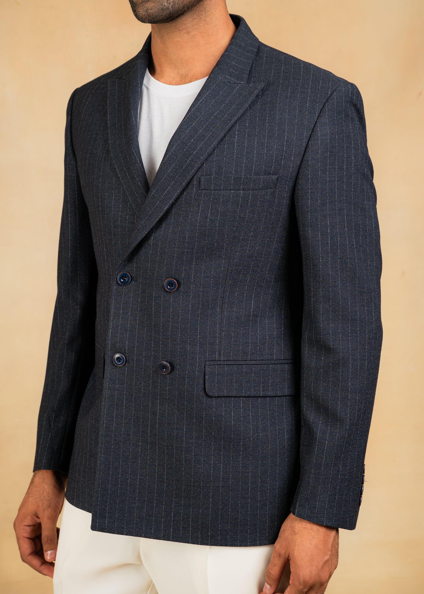 navy blue pinstripe double breasted blazer