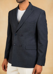 navy blue pinstripe double breasted blazer