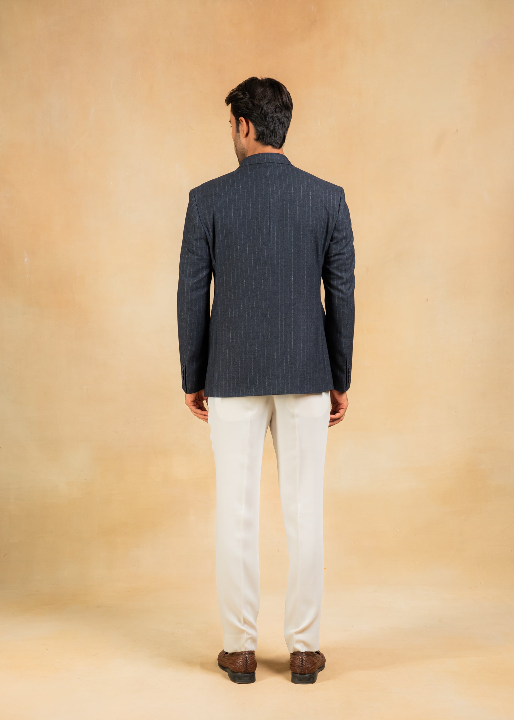 navy blue pinstripe double breasted blazer