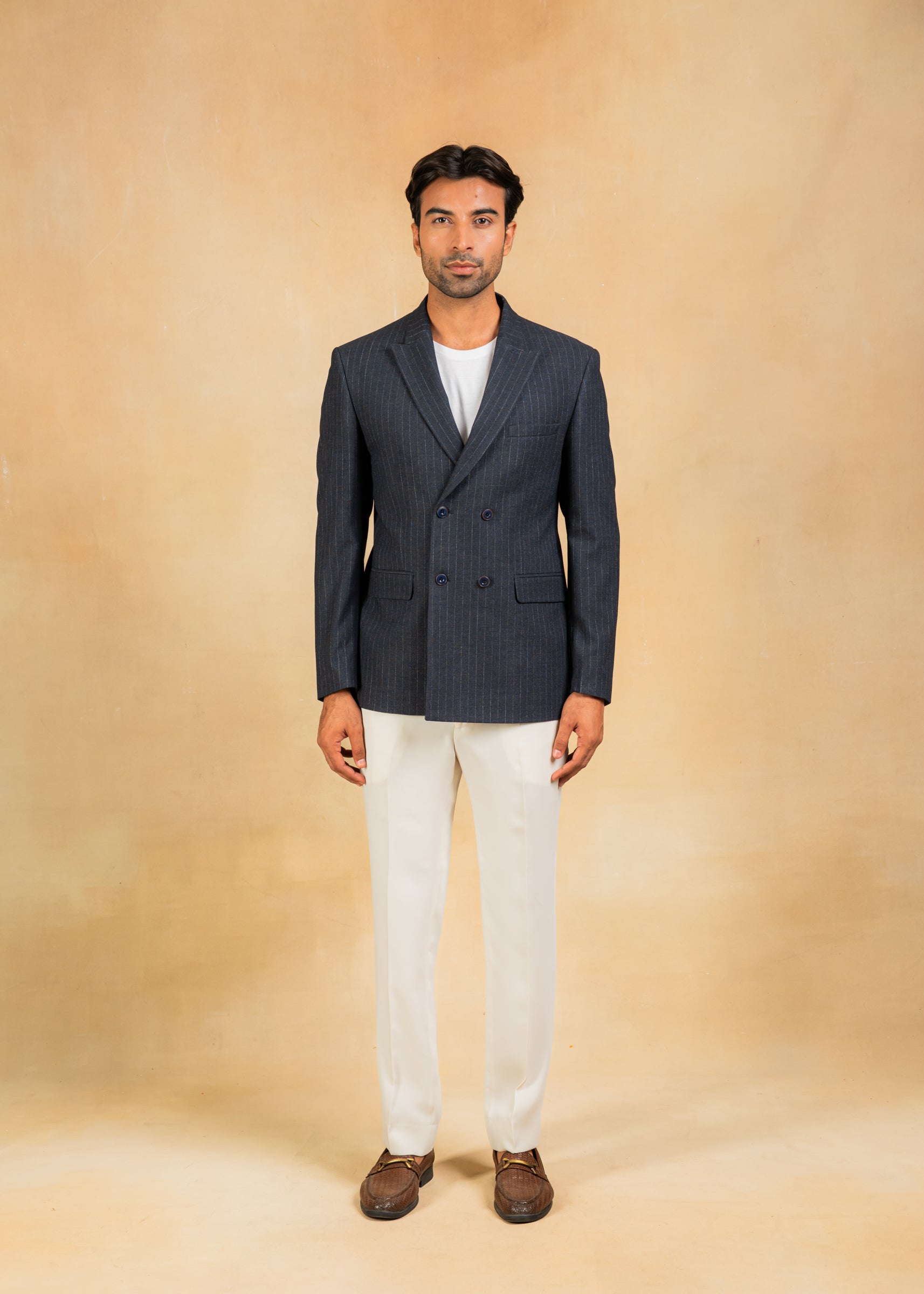 navy blue pinstripe double breasted blazer