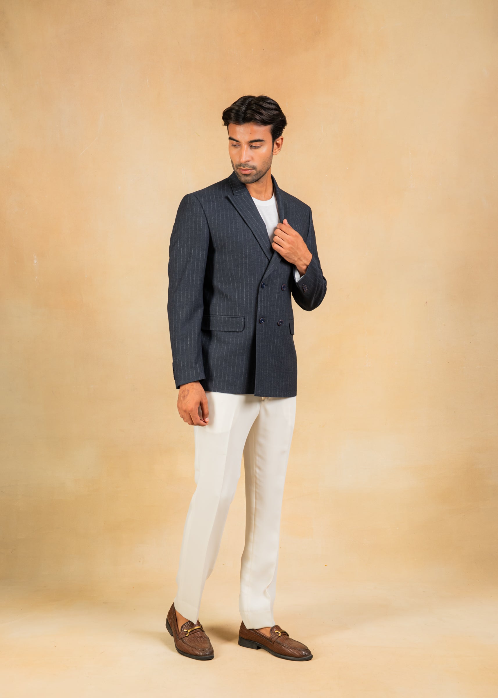 navy blue pinstripe double breasted blazer