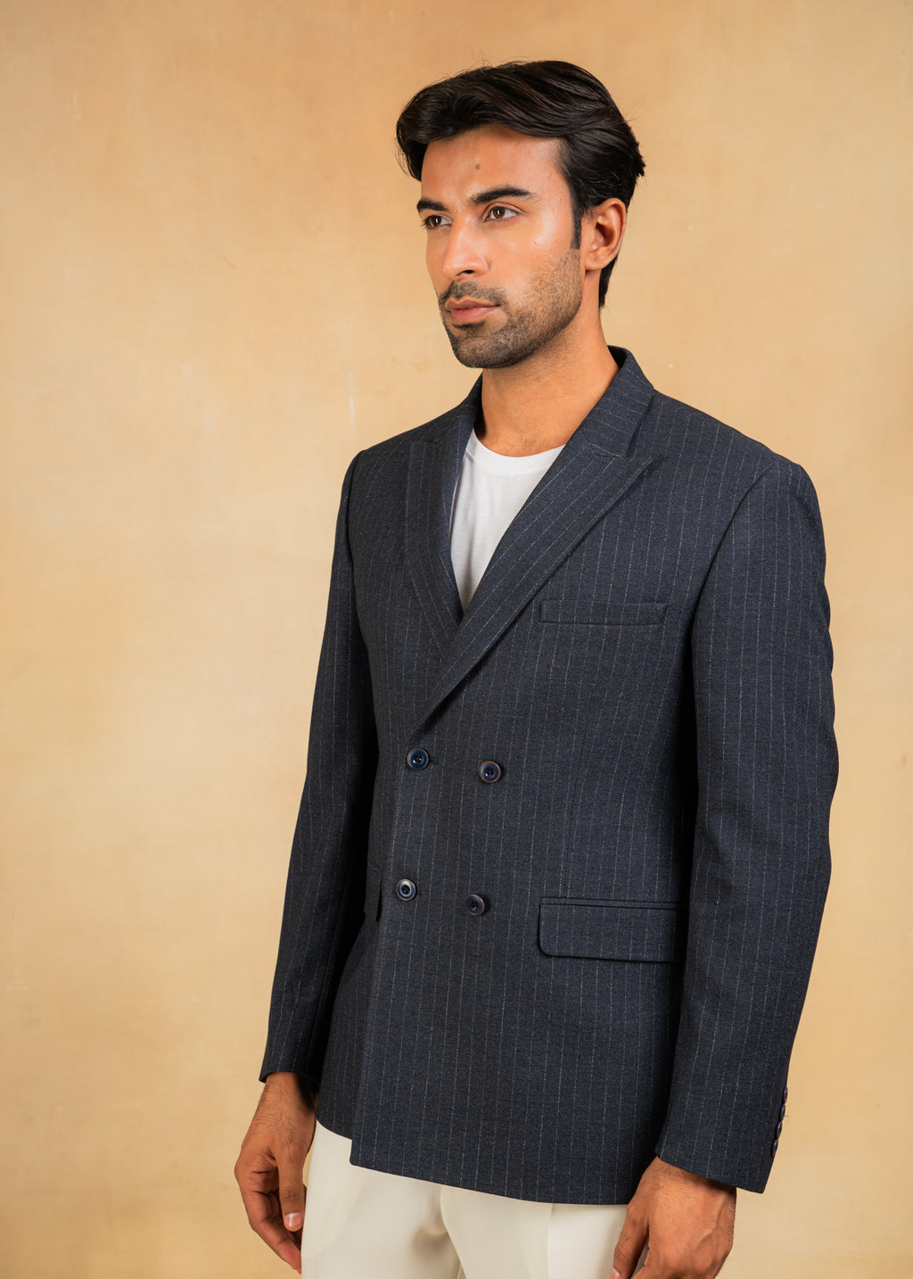 navy blue pinstripe double breasted blazer Bonsoir — free download