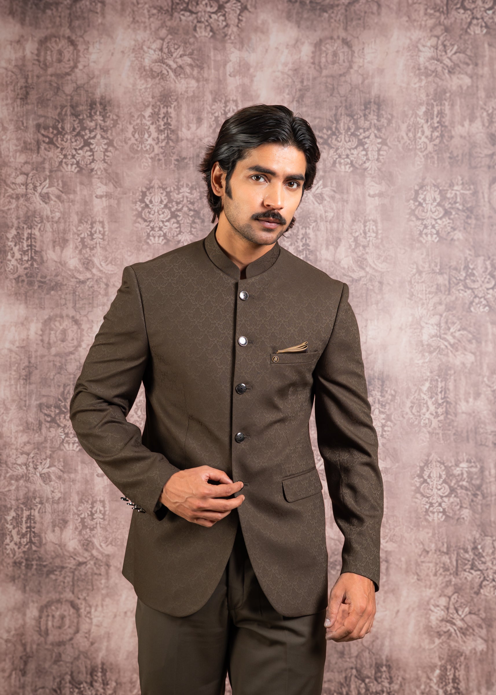 olive jacquard bandhgala