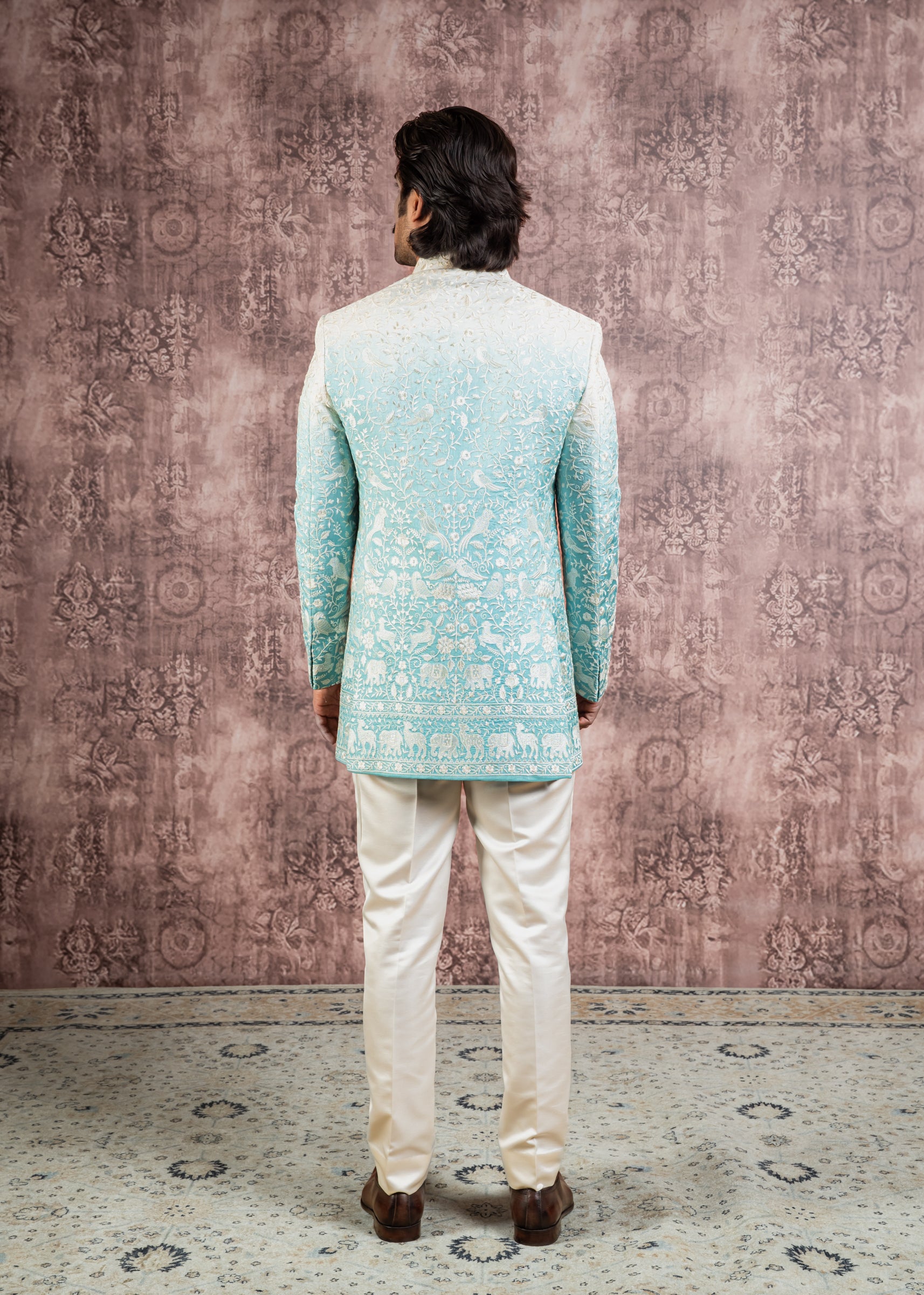 pastel blue embroidered open indowestern