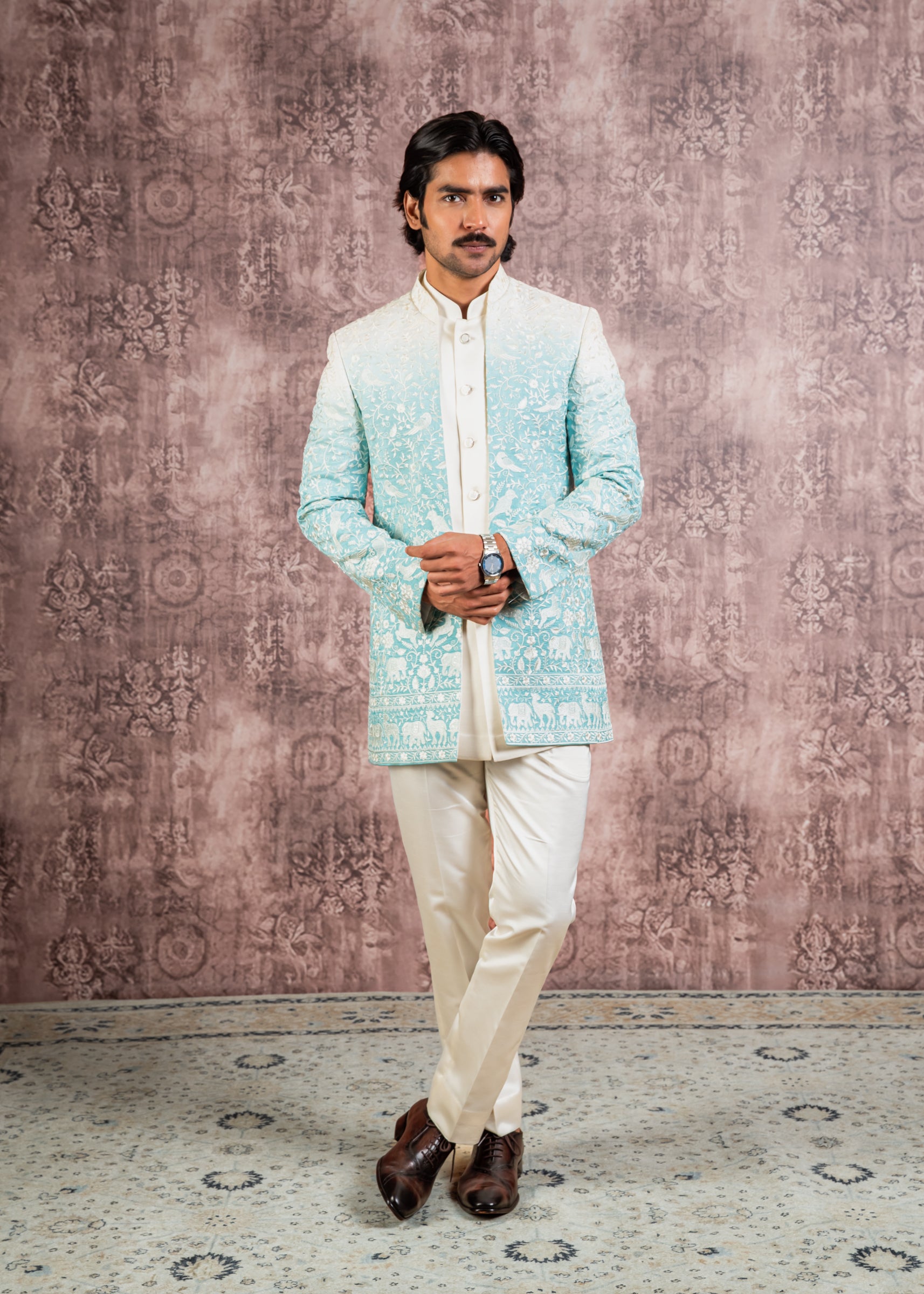 pastel blue embroidered open indowestern