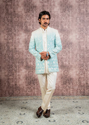 pastel blue embroidered open indowestern