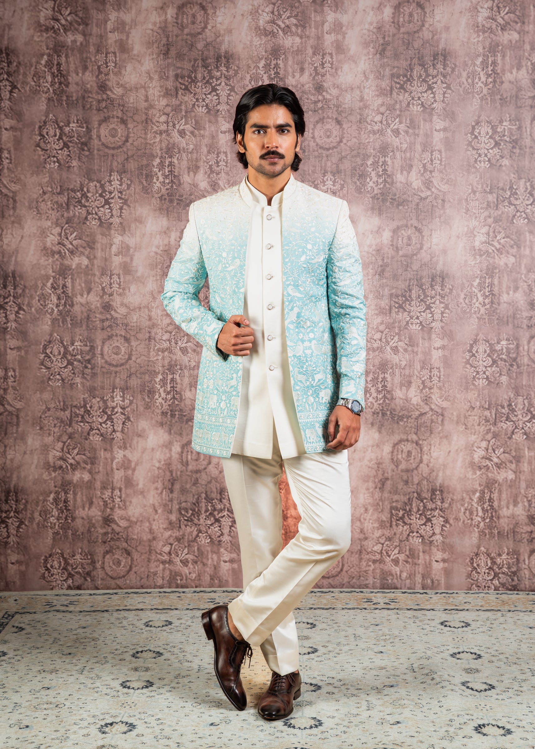 pastel blue embroidered open indowestern