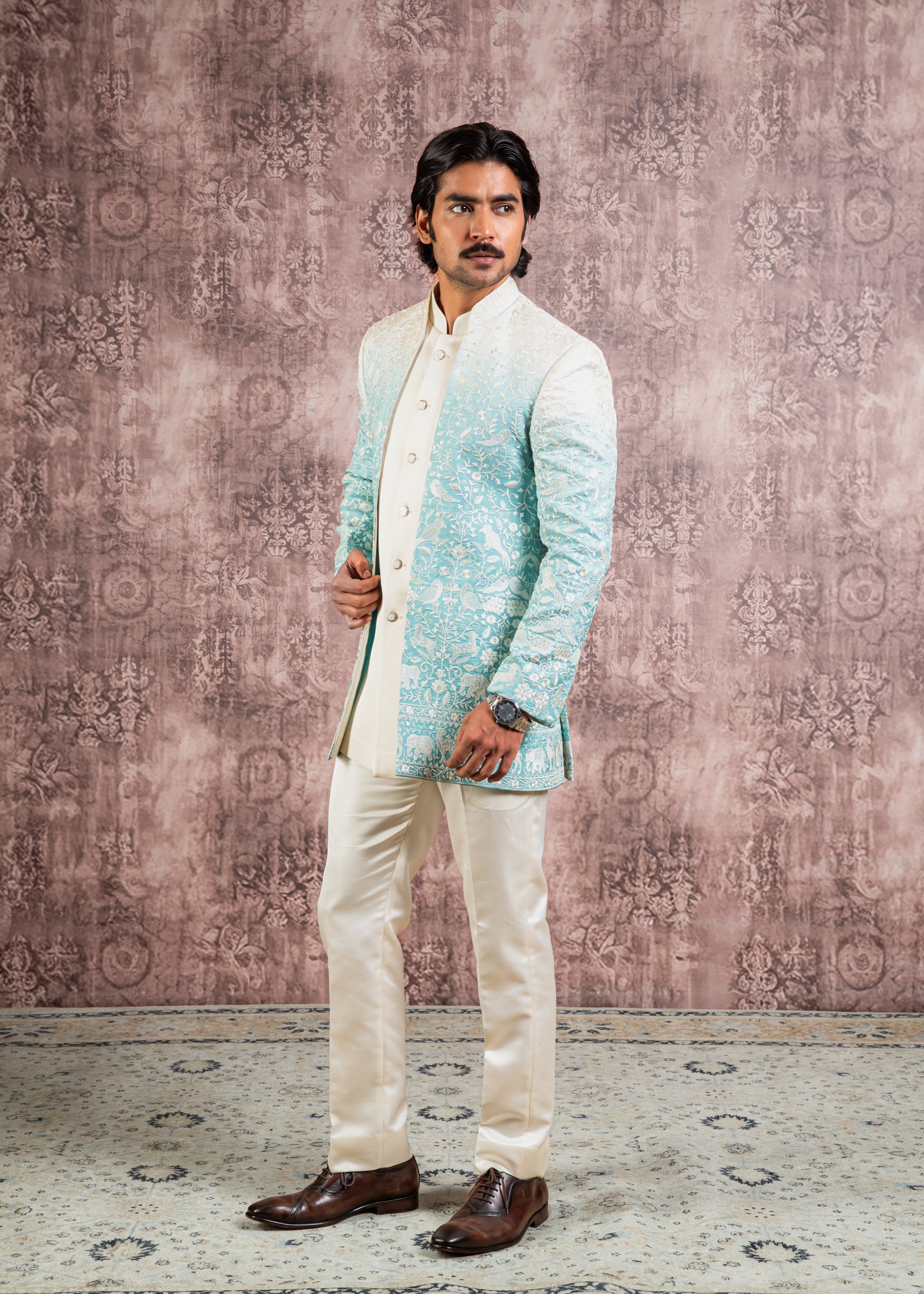 pastel blue embroidered open indowestern