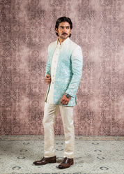 pastel blue embroidered open indowestern