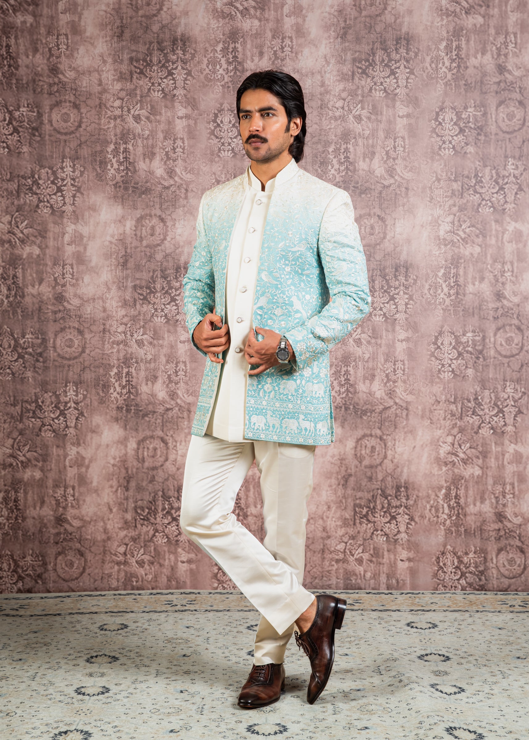 pastel blue embroidered open indowestern