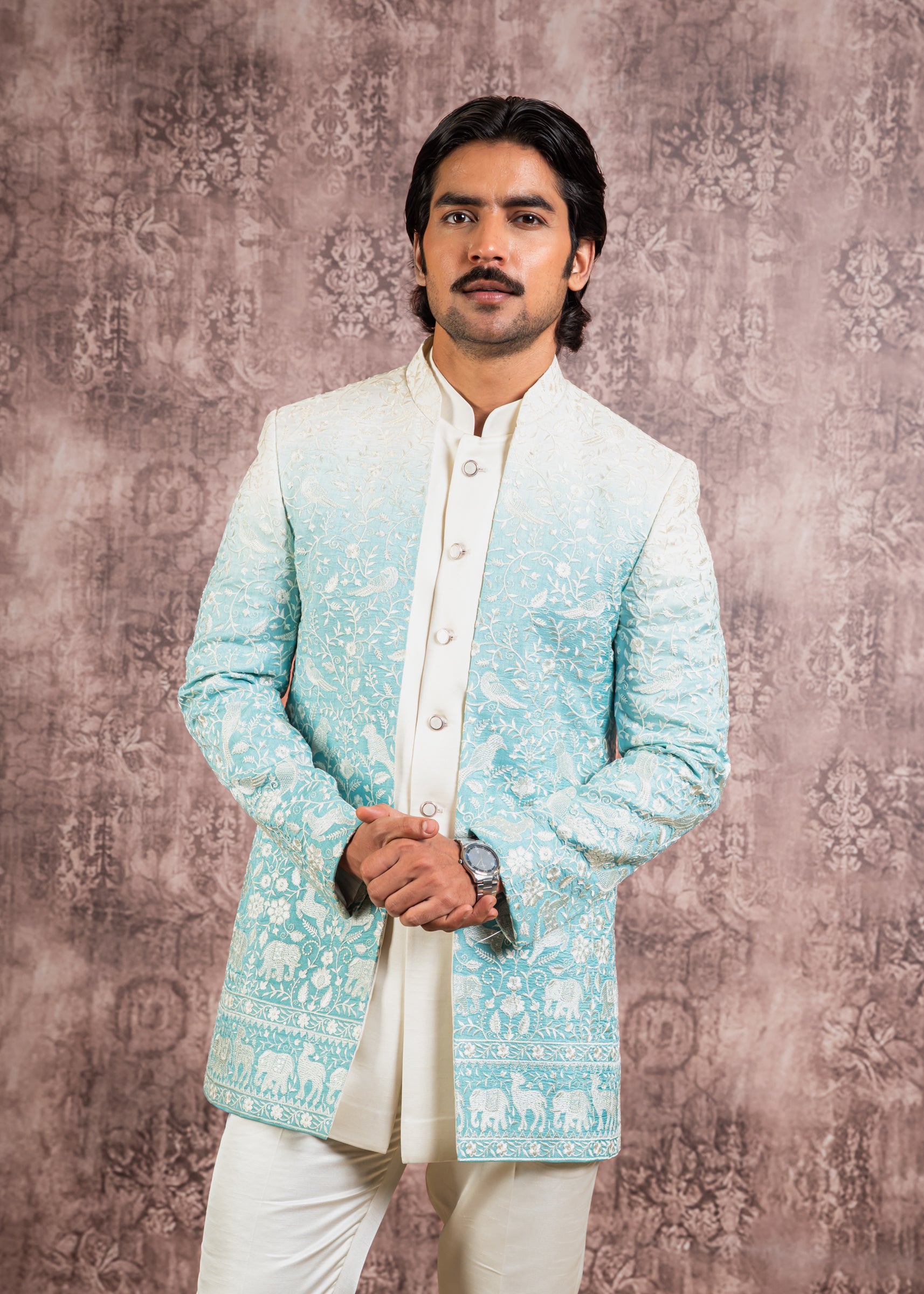 pastel blue embroidered open indowestern