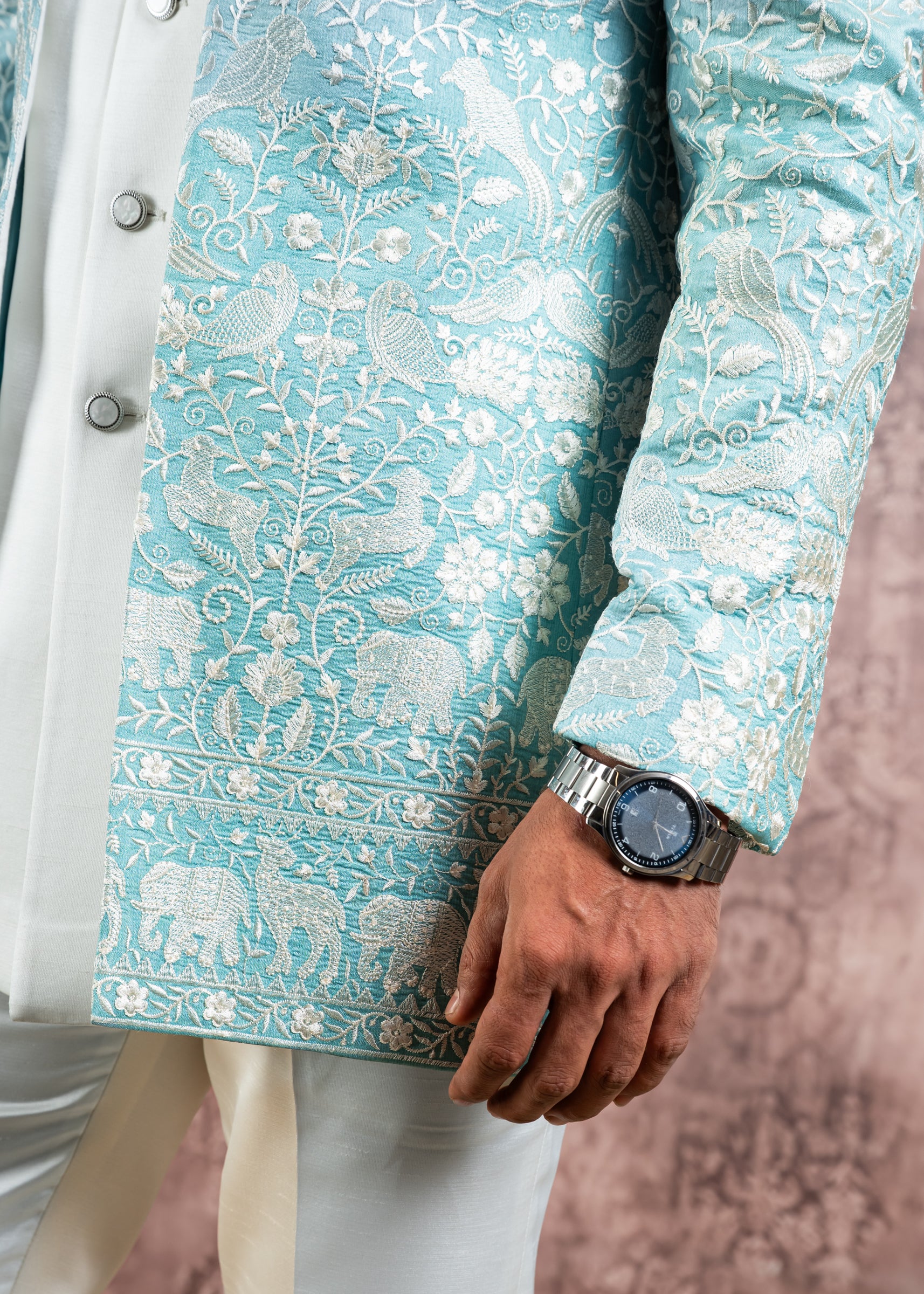pastel blue embroidered open indowestern