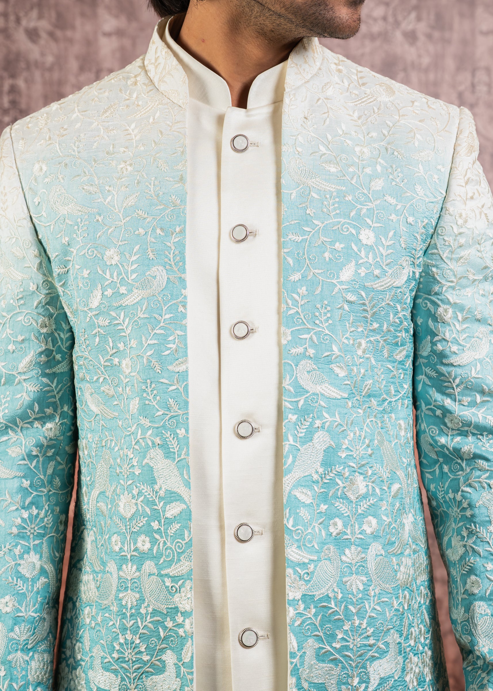 pastel blue embroidered open indowestern