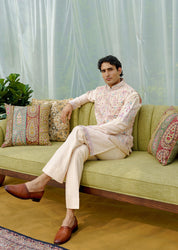 Pink Raw Silk hand Embroidered kurta jacket set