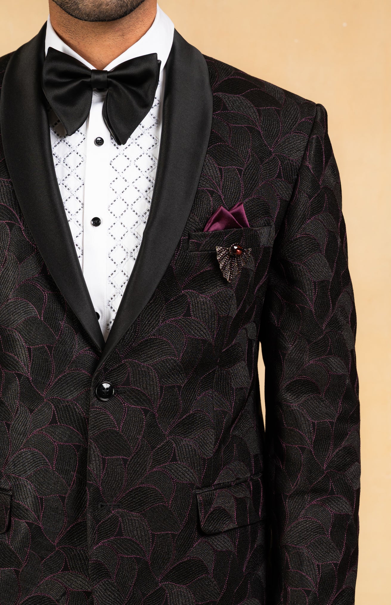 purple and black shawl collar tuxedo