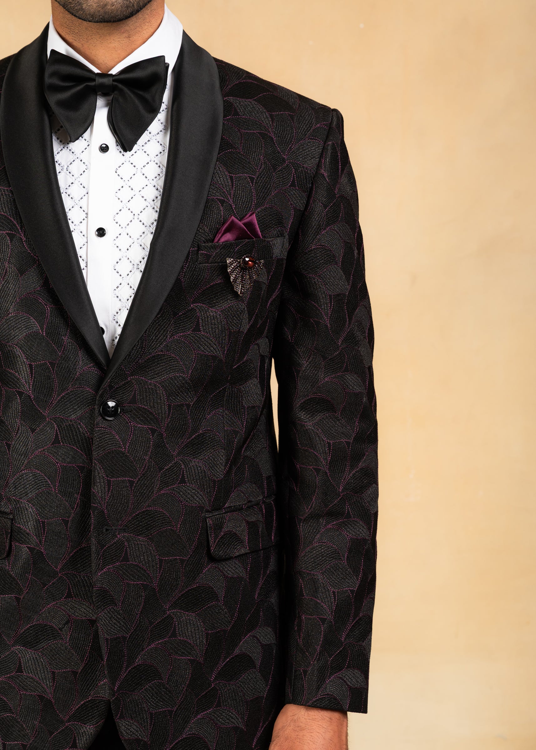 purple and black shawl collar tuxedo