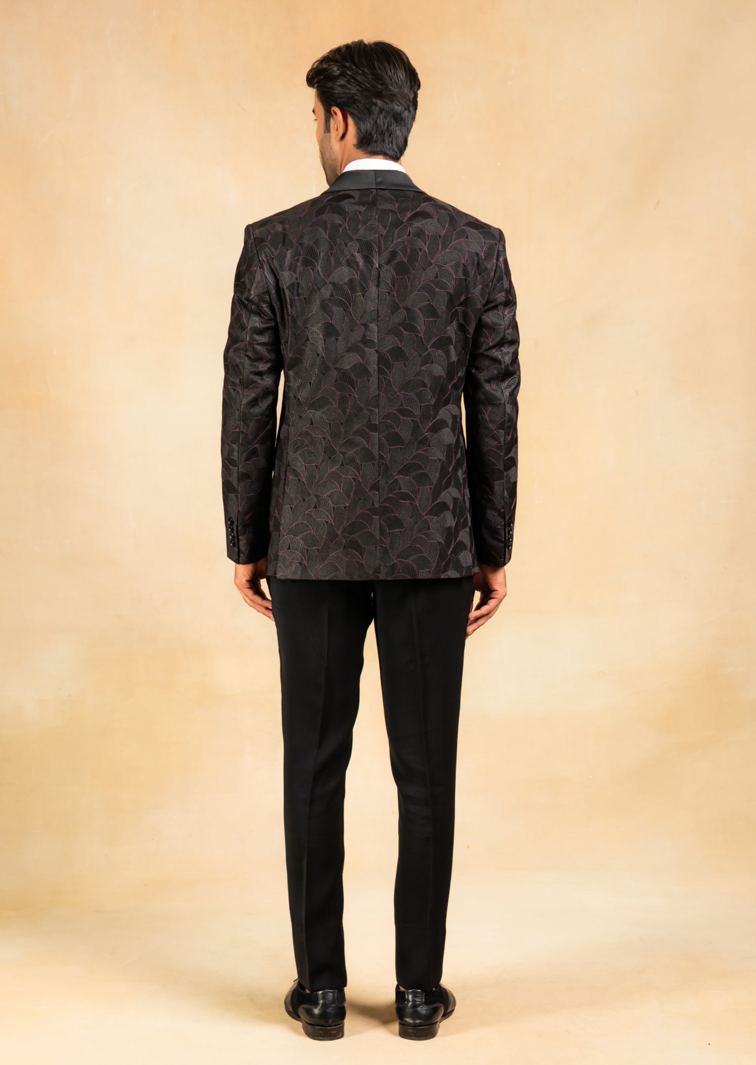 purple and black shawl collar tuxedo