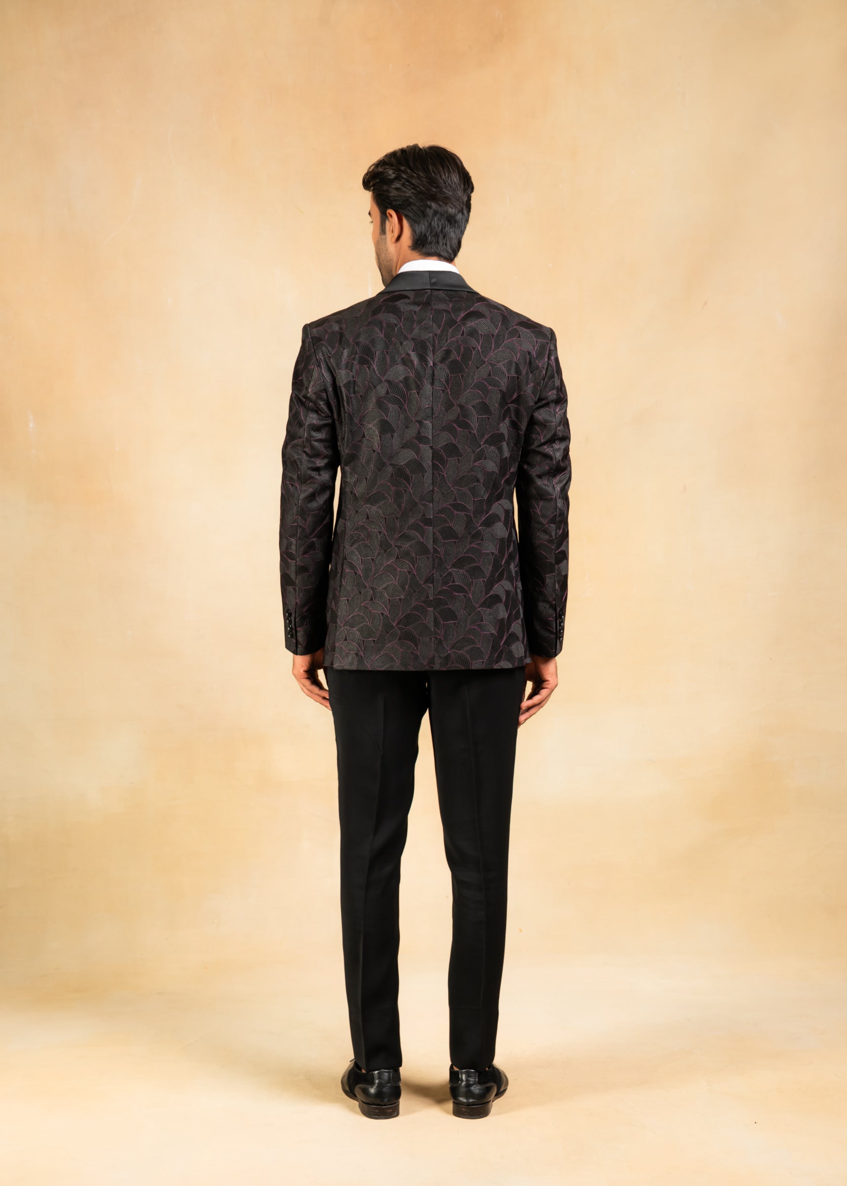 purple and black shawl collar tuxedo