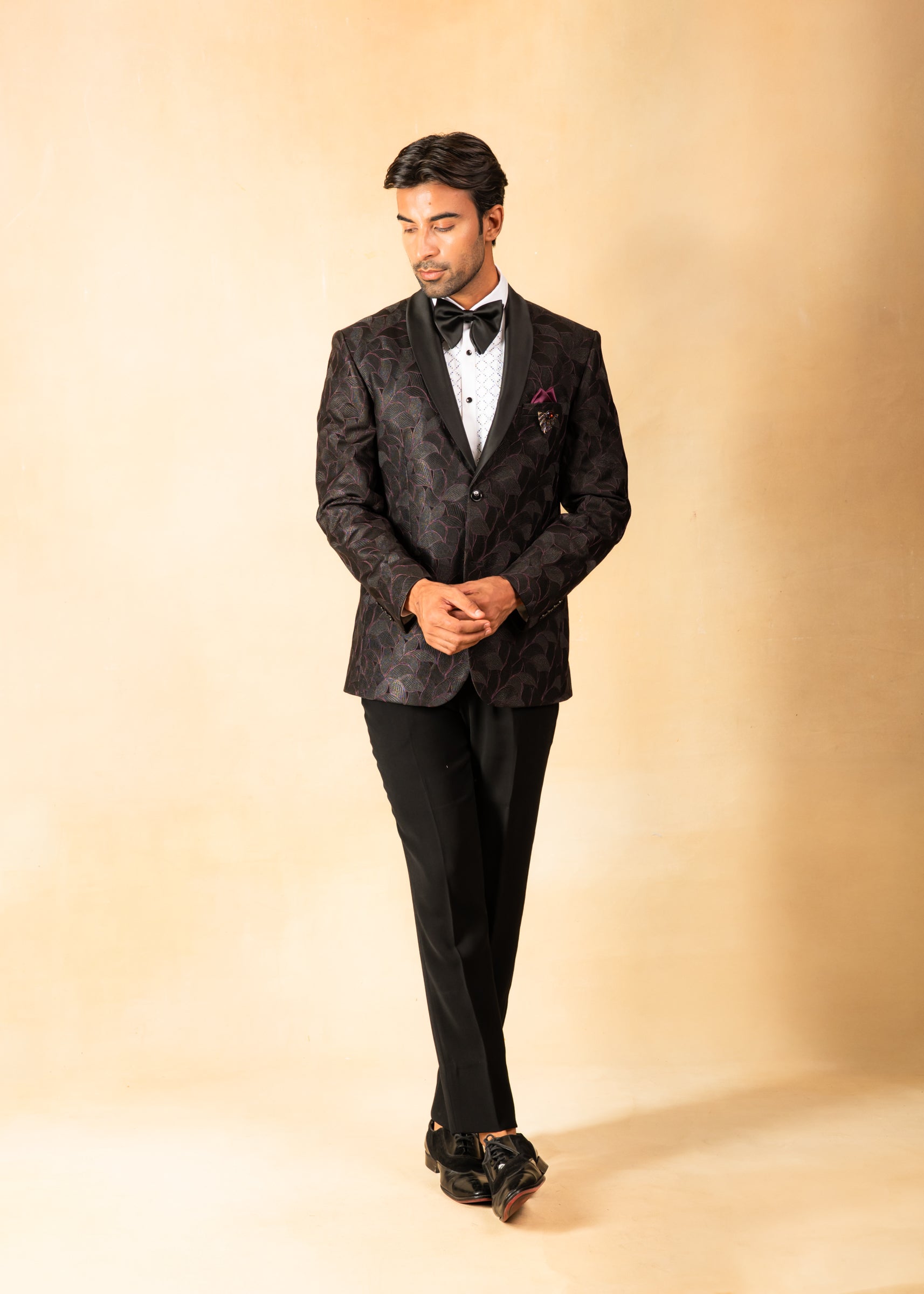 purple and black shawl collar tuxedo