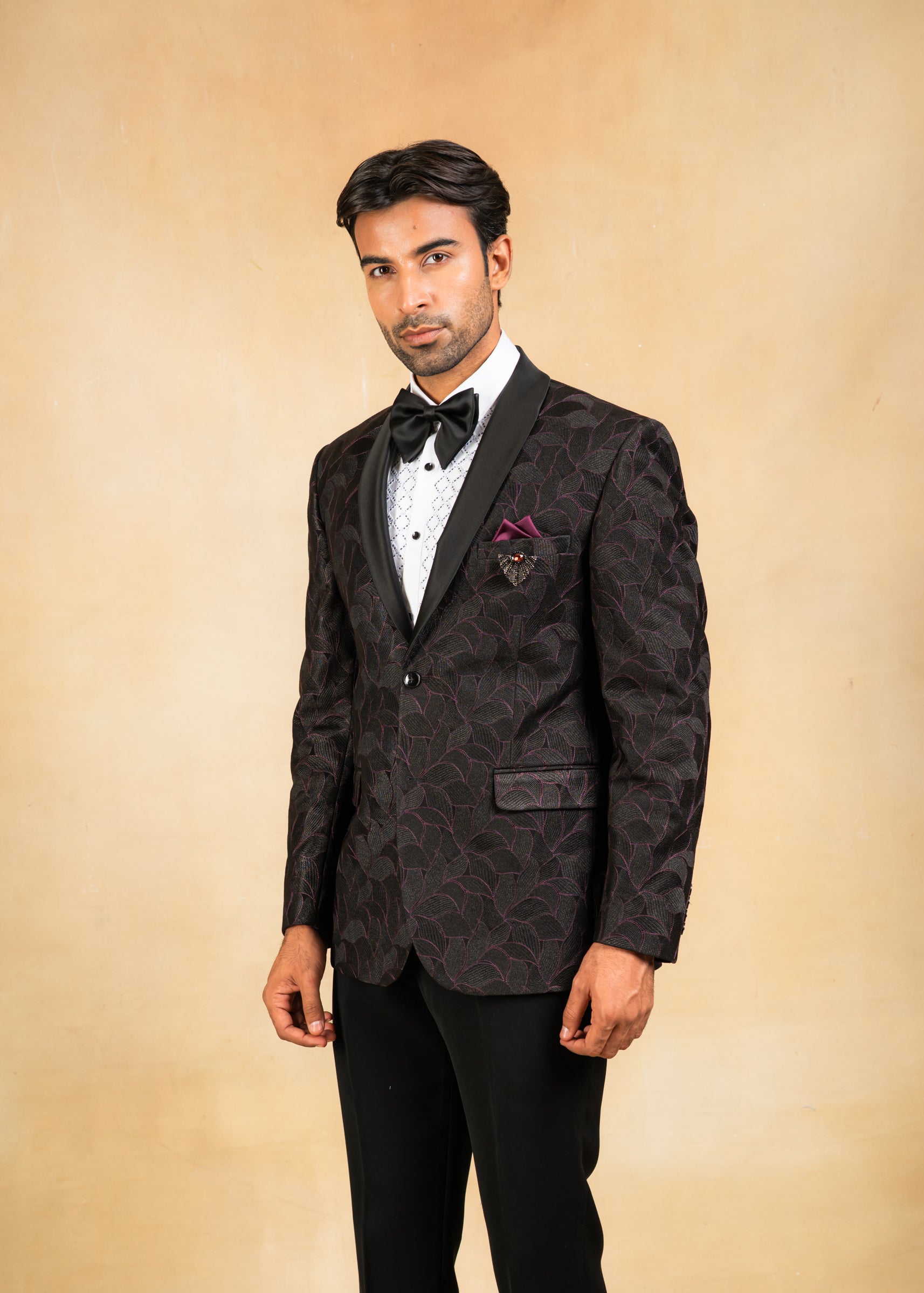 purple and black shawl collar tuxedo
