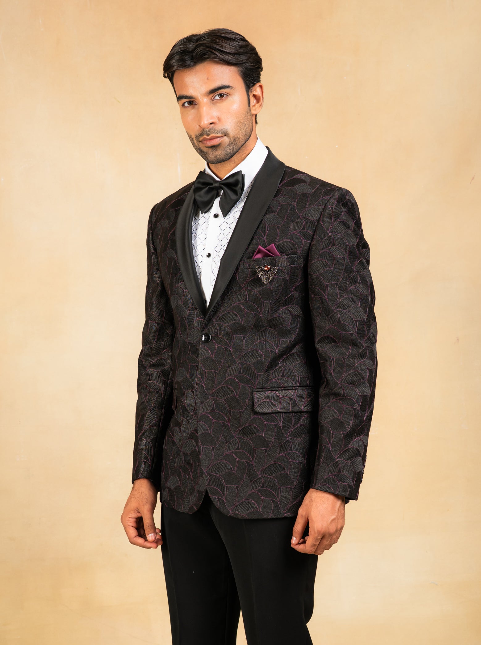 purple and black shawl collar tuxedo
