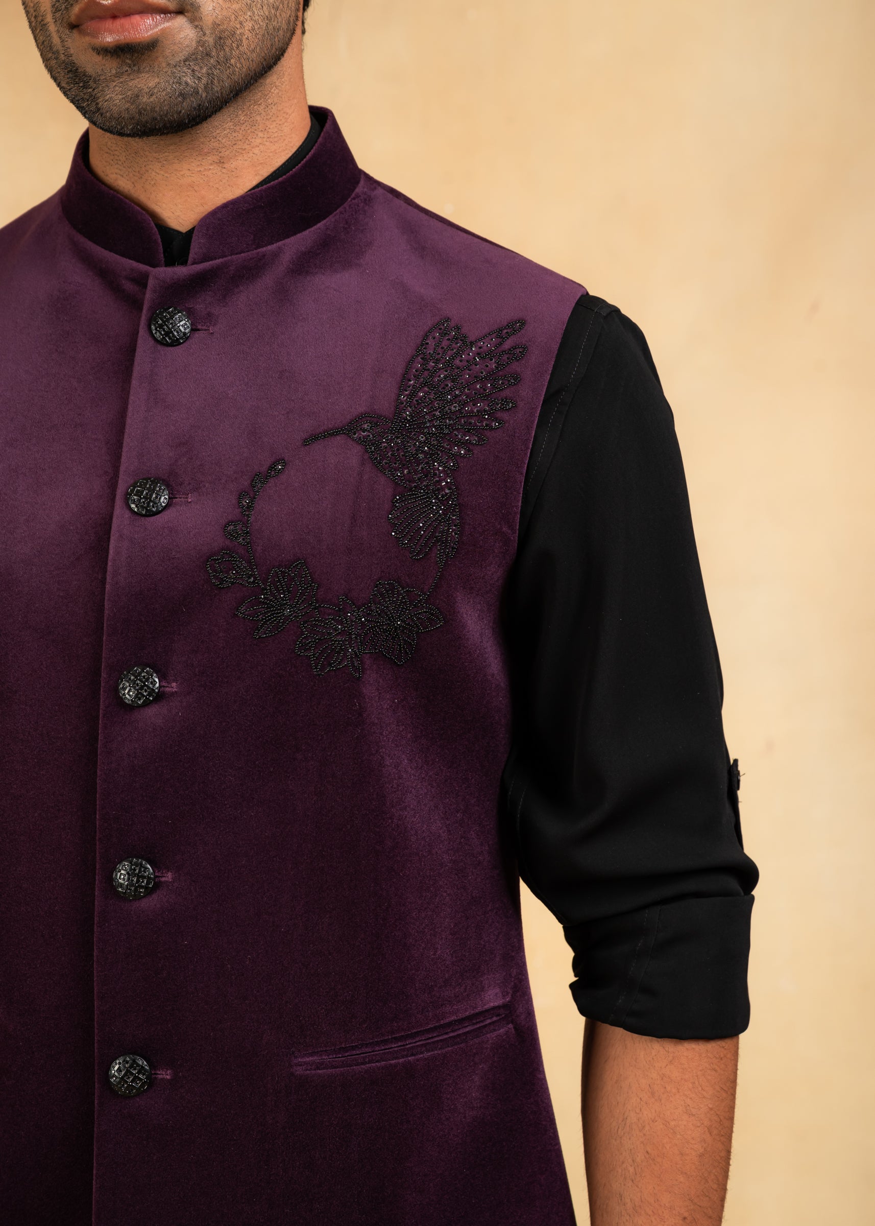 purple nehru jacket with hand embroidery