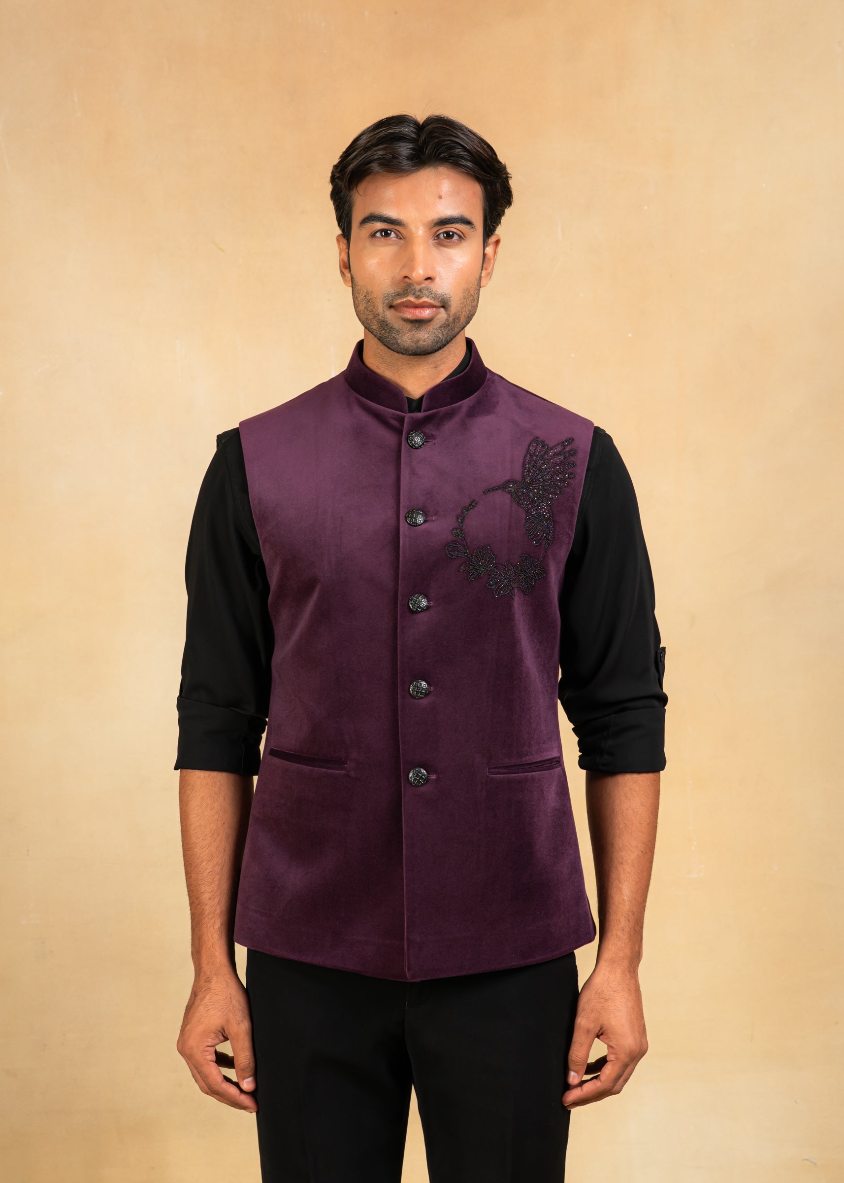 purple nehru jacket with hand embroidery