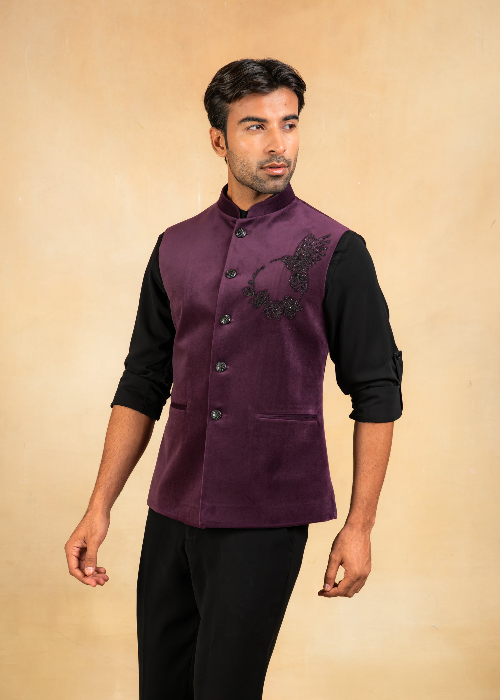 purple nehru jacket with hand embroidery