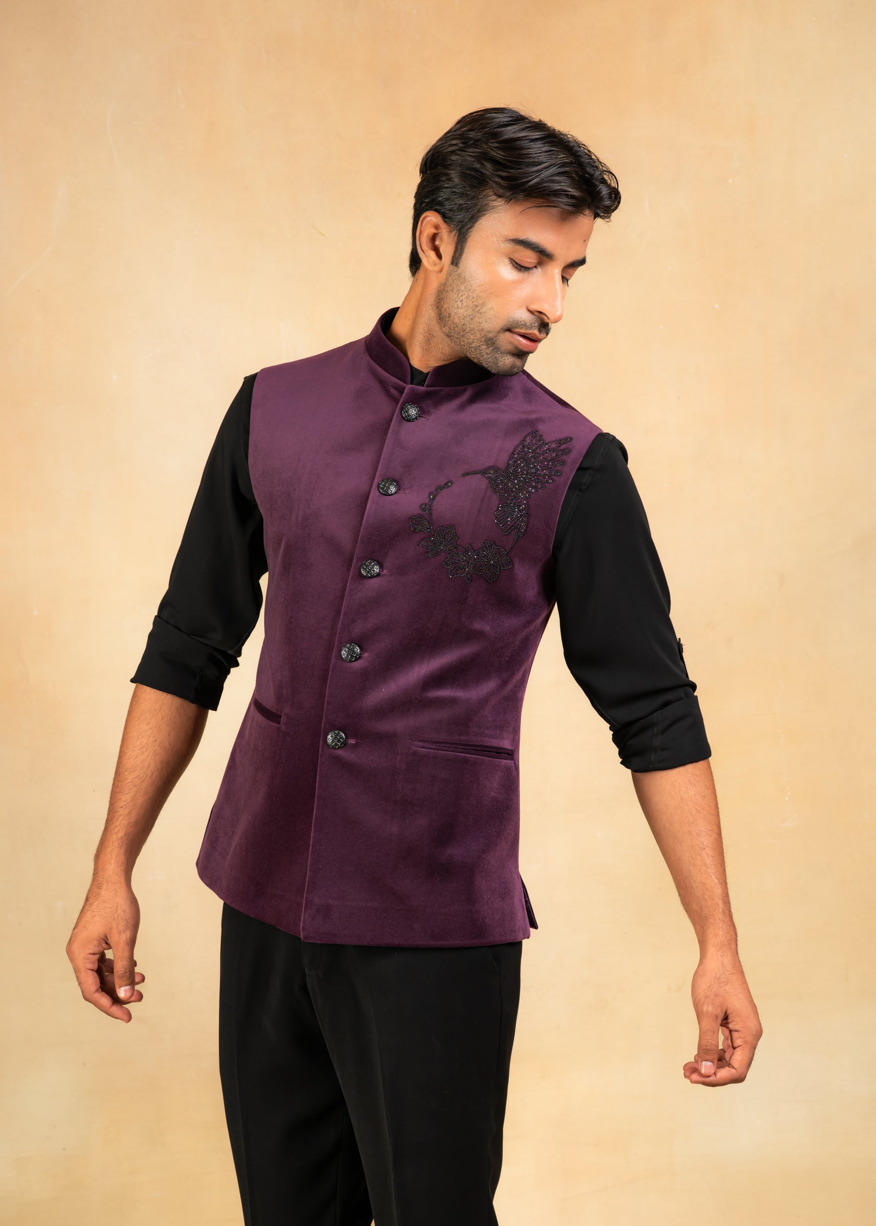 purple nehru jacket with hand embroidery