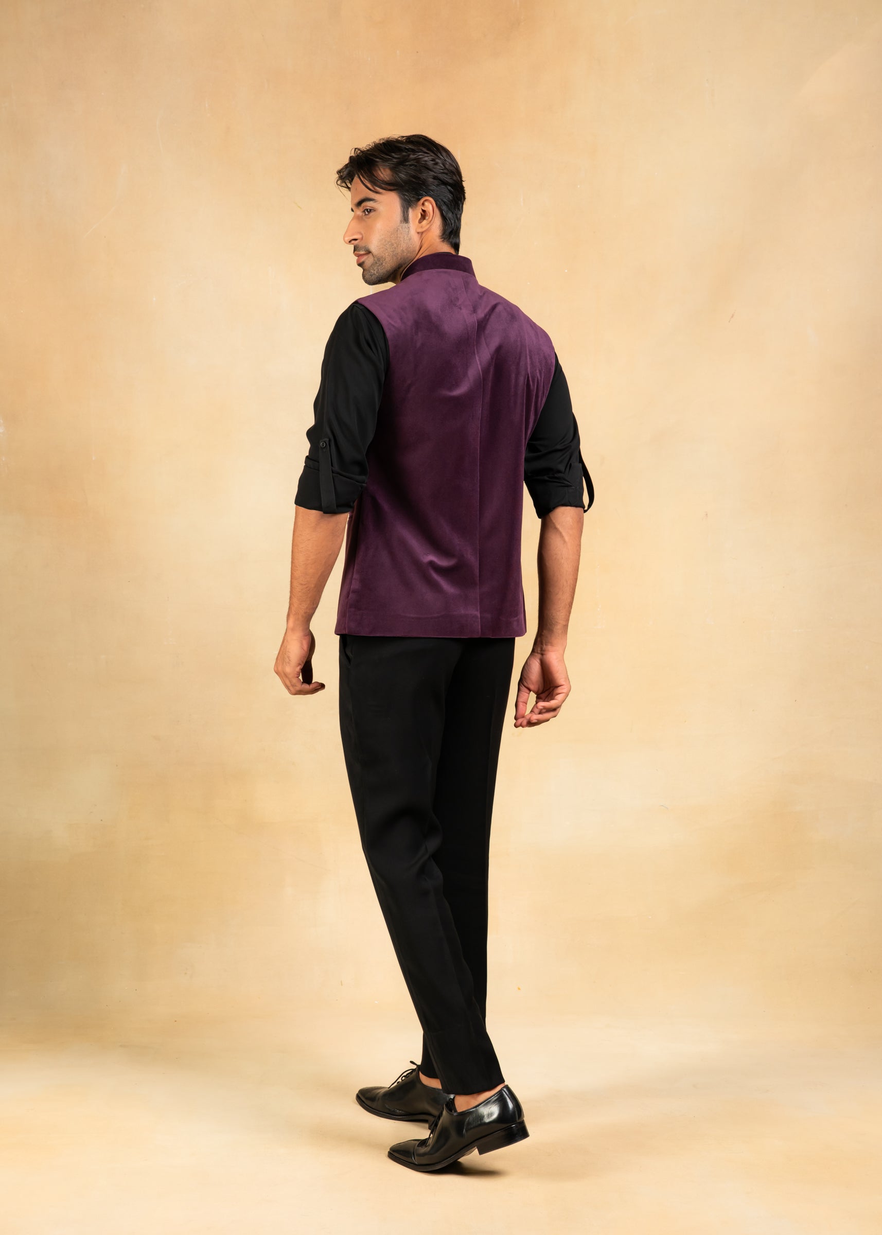 purple velvet nehru jacket with embroidered motif