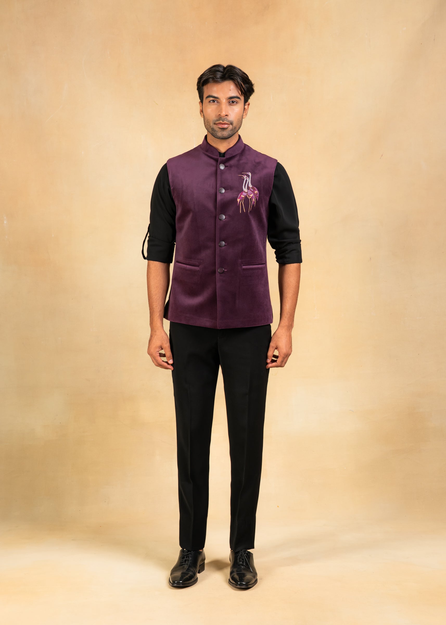purple velvet nehru jacket with embroidered motif