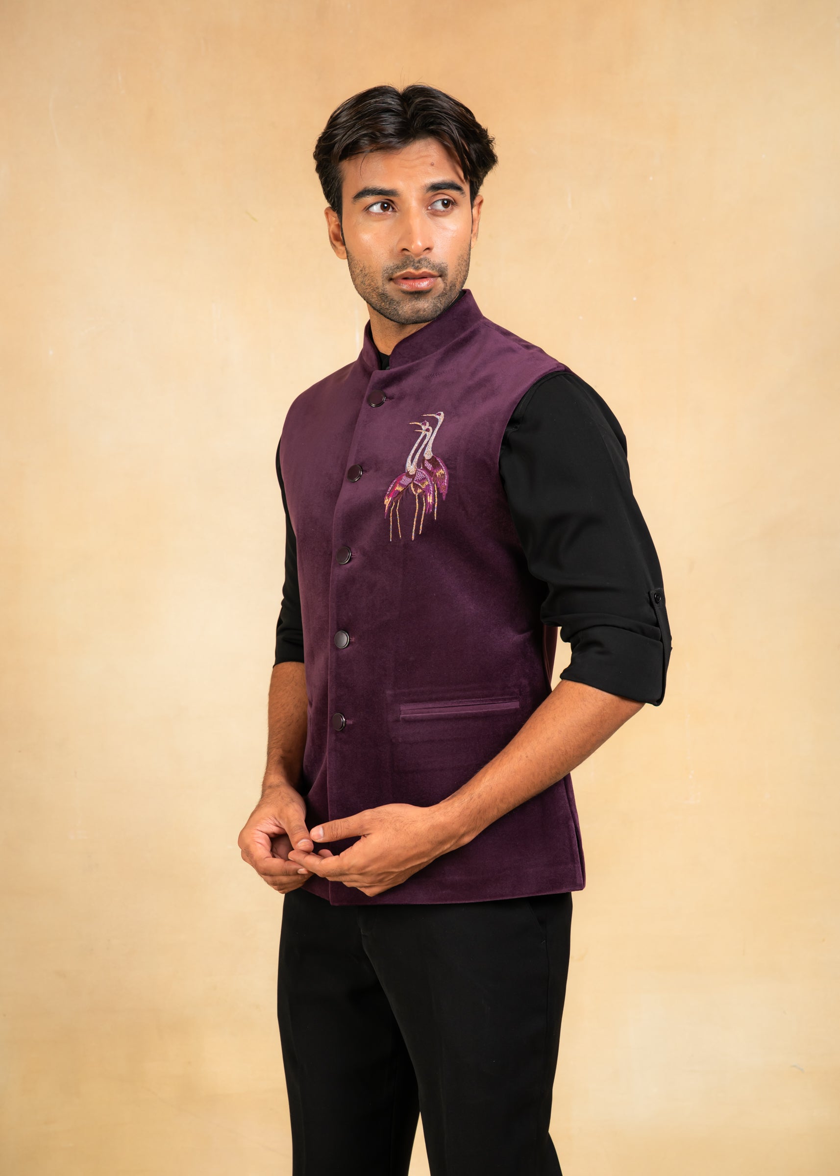 purple velvet nehru jacket with embroidered motif