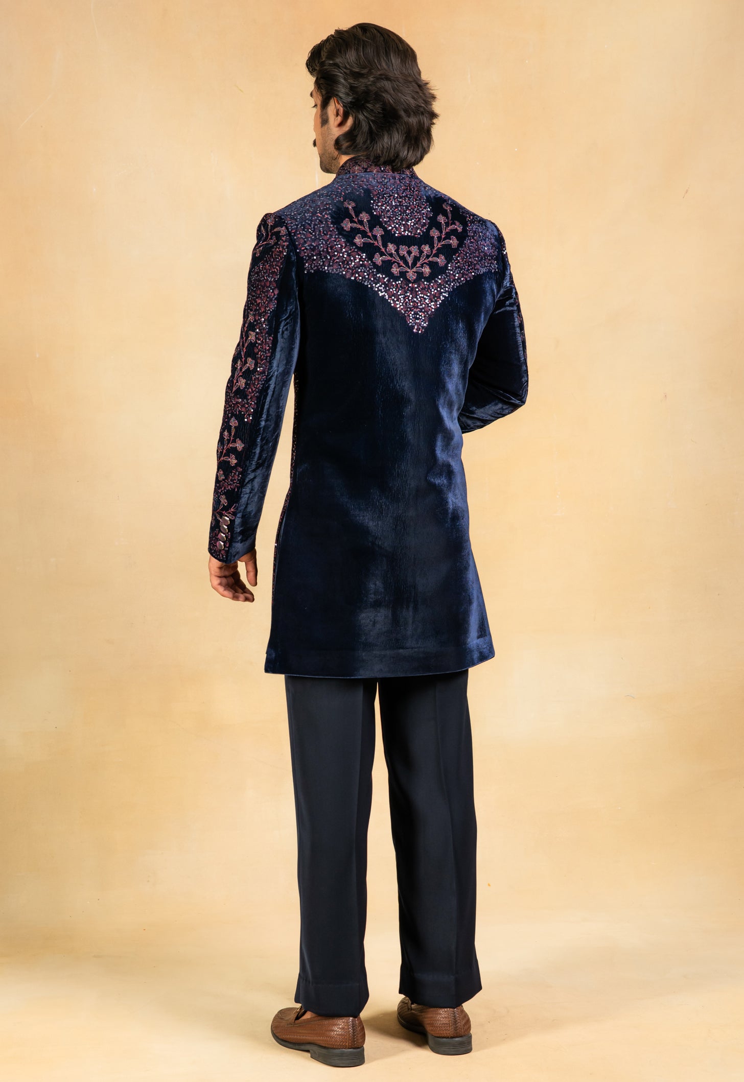 Navy blue velvet open indowestern