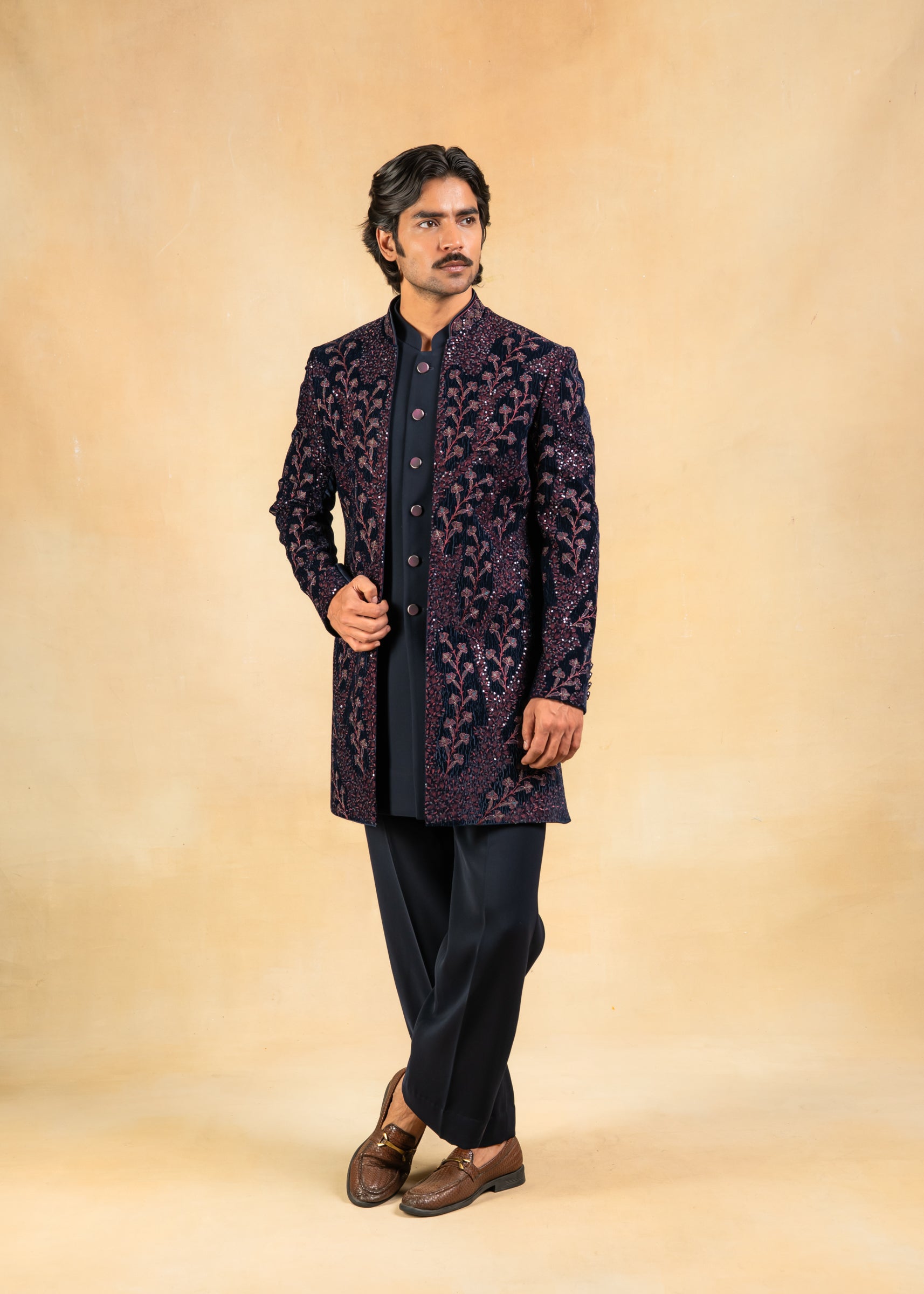 purple velvet open indowestern