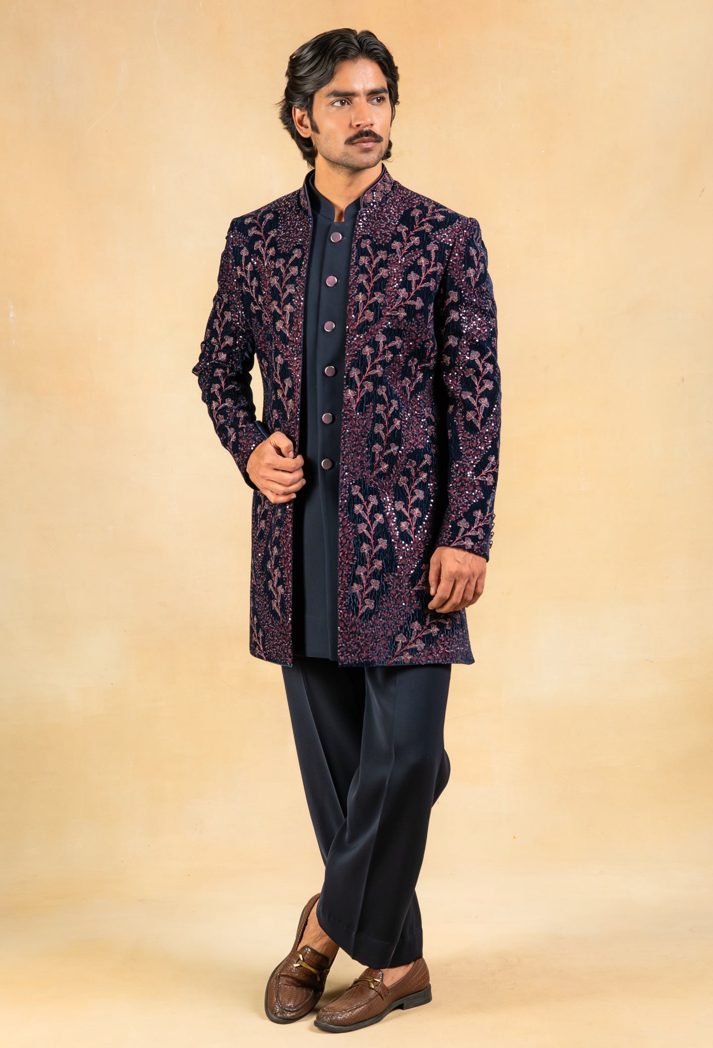 Navy blue velvet open indowestern