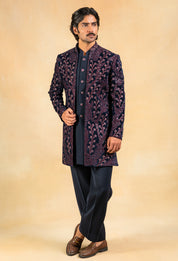 Navy blue velvet open indowestern