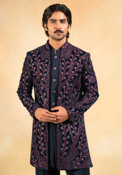 Navy blue velvet open indowestern
