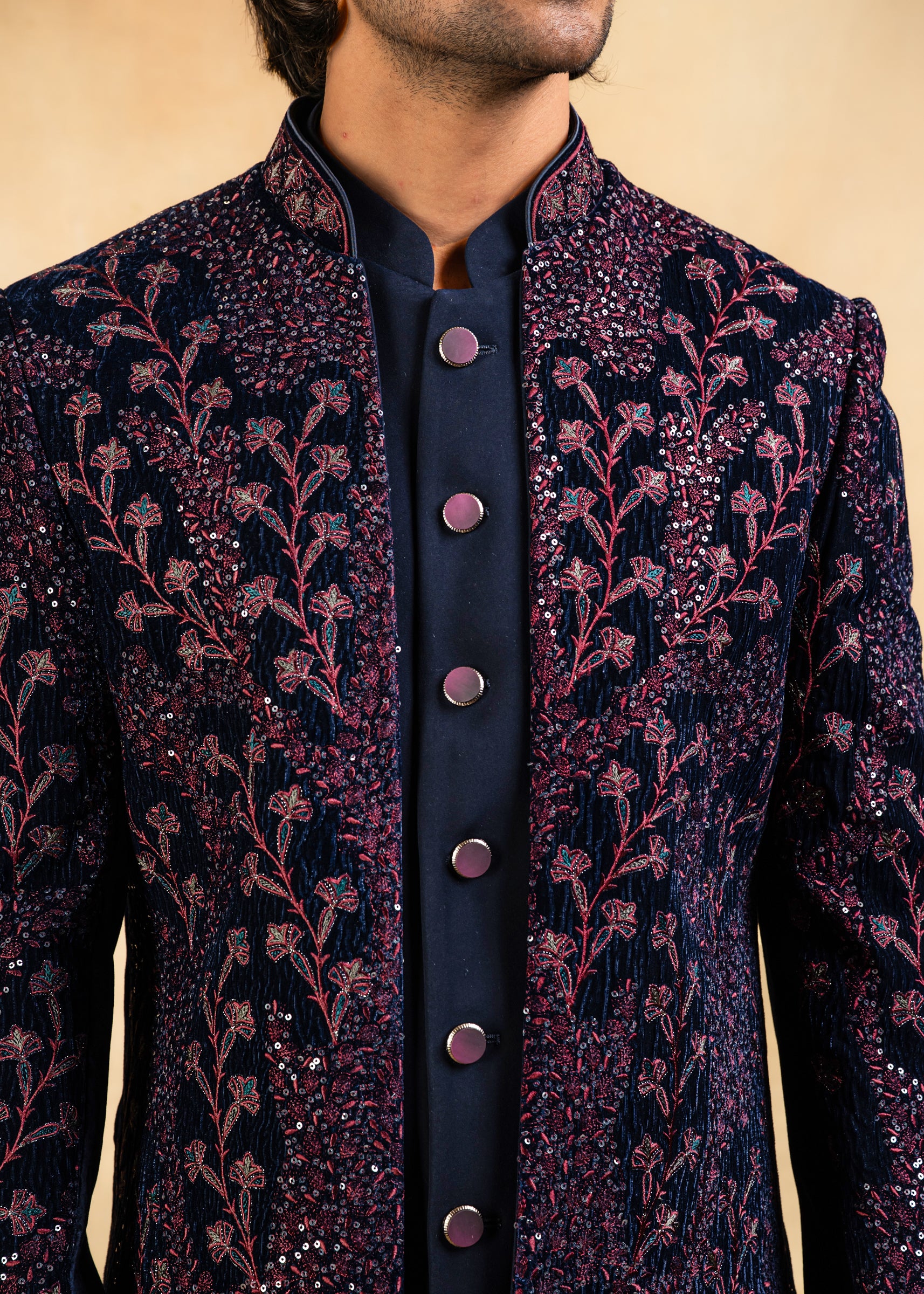 Navy blue velvet open indowestern