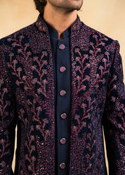 Navy blue velvet open indowestern