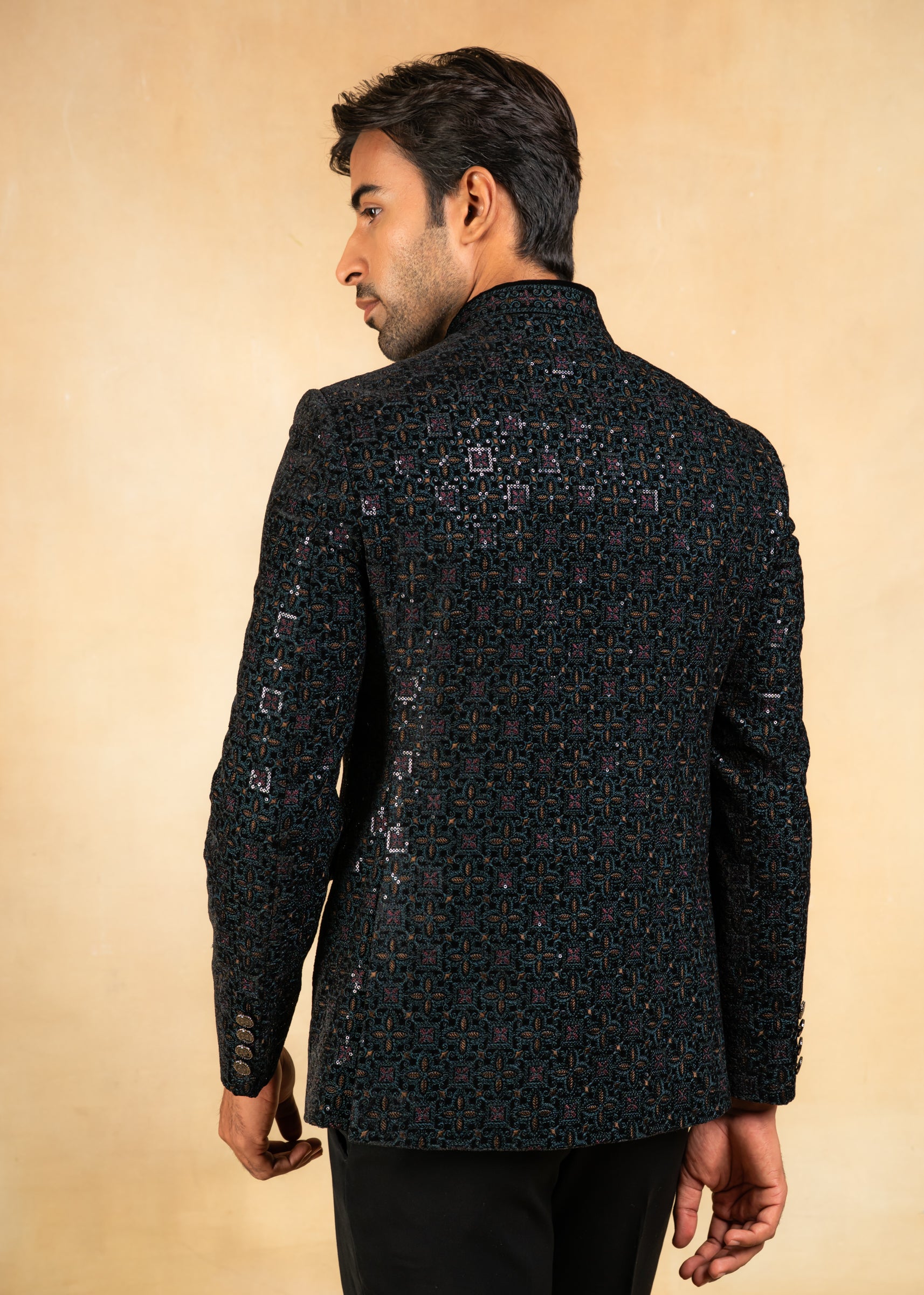 teal embroidered velvet bandhgala